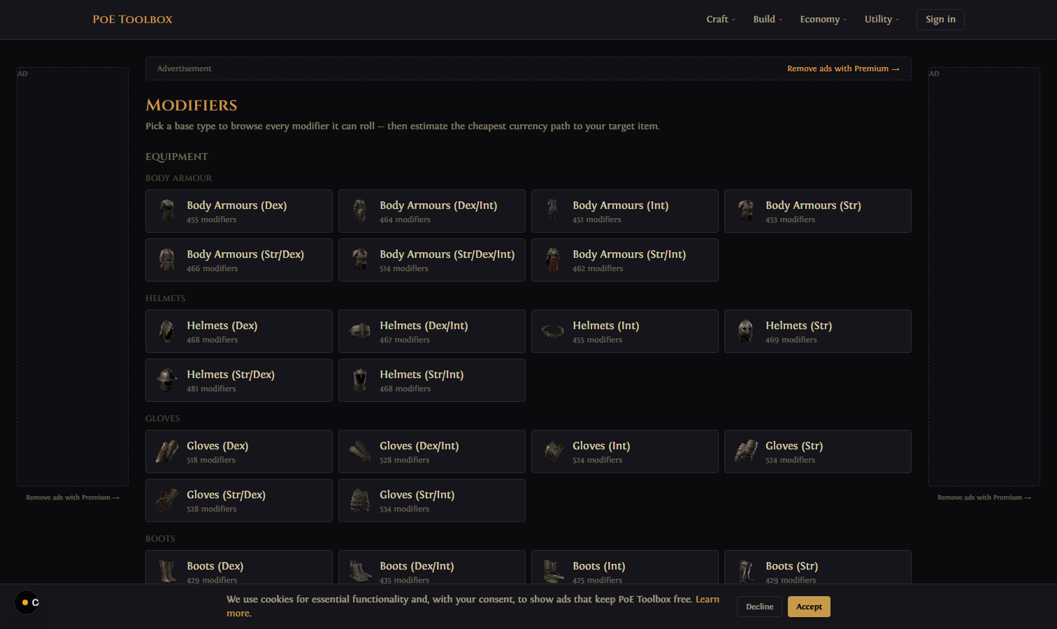 The crafting cost estimator showing the cheapest currency path to a target set of modifiers